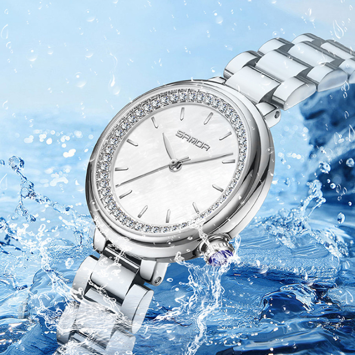 Sanda Women’s Stainless Steel Quartz Watch – Diamond Accent Small Dial Casual Watch