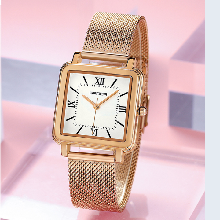 SANDA Women’s Square Quartz Watch – Retro Mesh Stainless Steel Strap with Roman Numerals