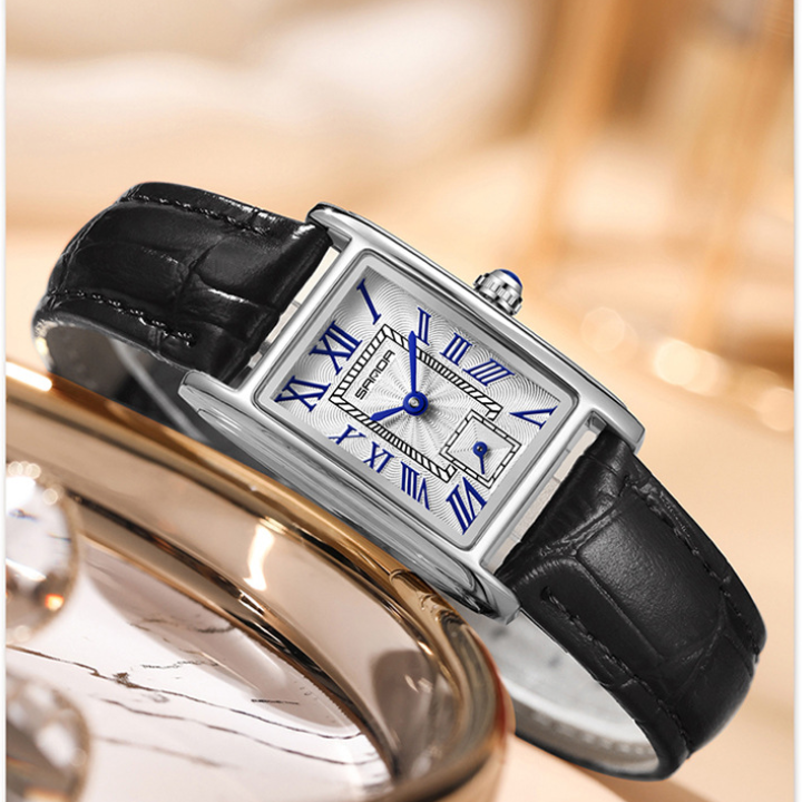 Sanda Women’s Classic Square Quartz Watch – Leather Strap, Semi-Waterproof Watch