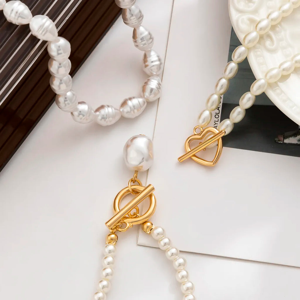 3-Layer Pearl Necklace Set for Women – With Heart & Gold Toggle Clasps