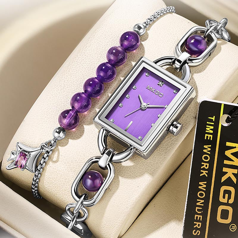 MKGO Retro Women’s Quartz Watch with Crystal Bracelet – Square Dial, Waterproof