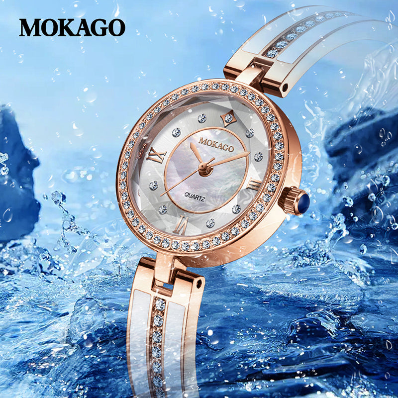 MOKAGO Women’s Quartz Watch – Diamond Jewelry Bracelet, Waterproof Luxury Watch