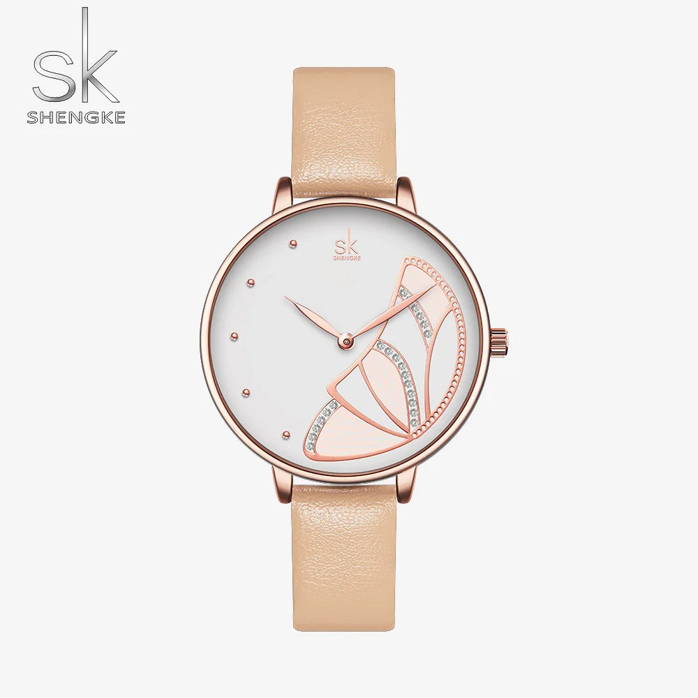 SK Women’s Quartz Watch – Butterfly Dial with Diamond Accents, Leather Strap