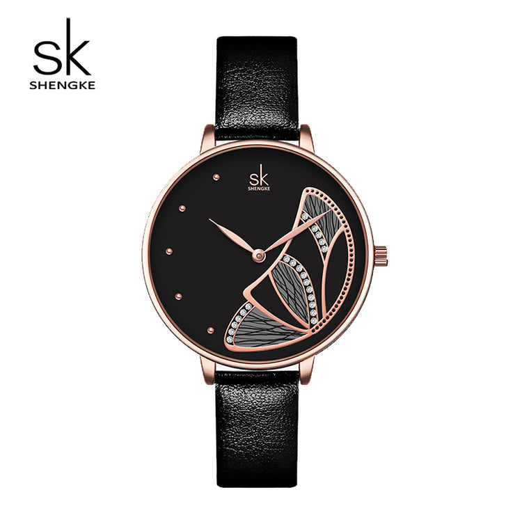 SK Women’s Quartz Watch – Butterfly Dial with Diamond Accents, Leather Strap