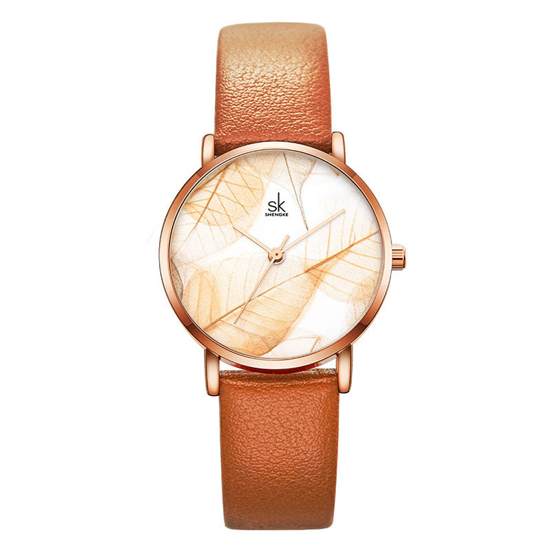 SK Women’s Quartz Watch – Leaf Design Dial with Leather Strap, Waterproof Timepiece
