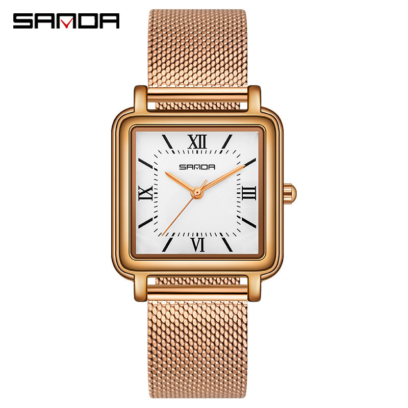 SANDA Women’s Square Quartz Watch – Retro Mesh Stainless Steel Strap with Roman Numerals