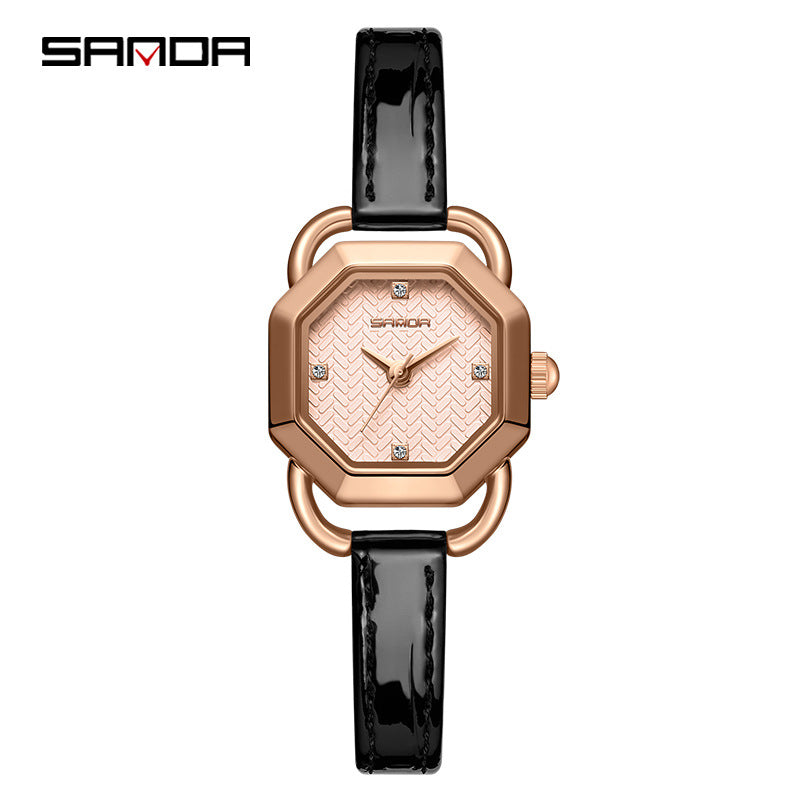 Sanda Women’s Leather Strap Quartz Watch – Octagonal Dial, Waterproof Analog Watch