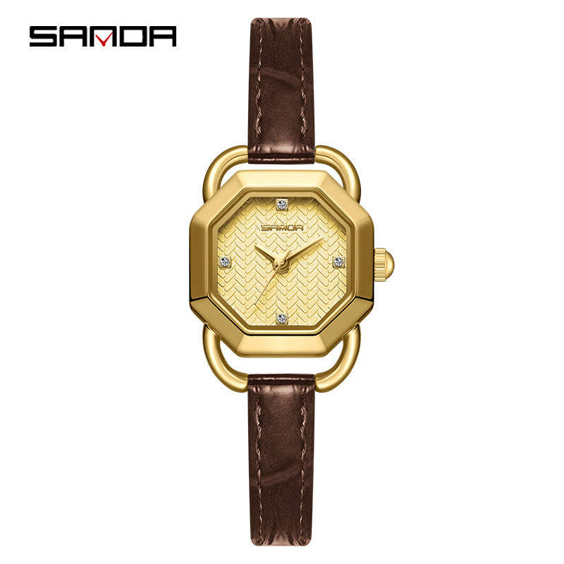 Sanda Women’s Leather Strap Quartz Watch – Octagonal Dial, Waterproof Analog Watch