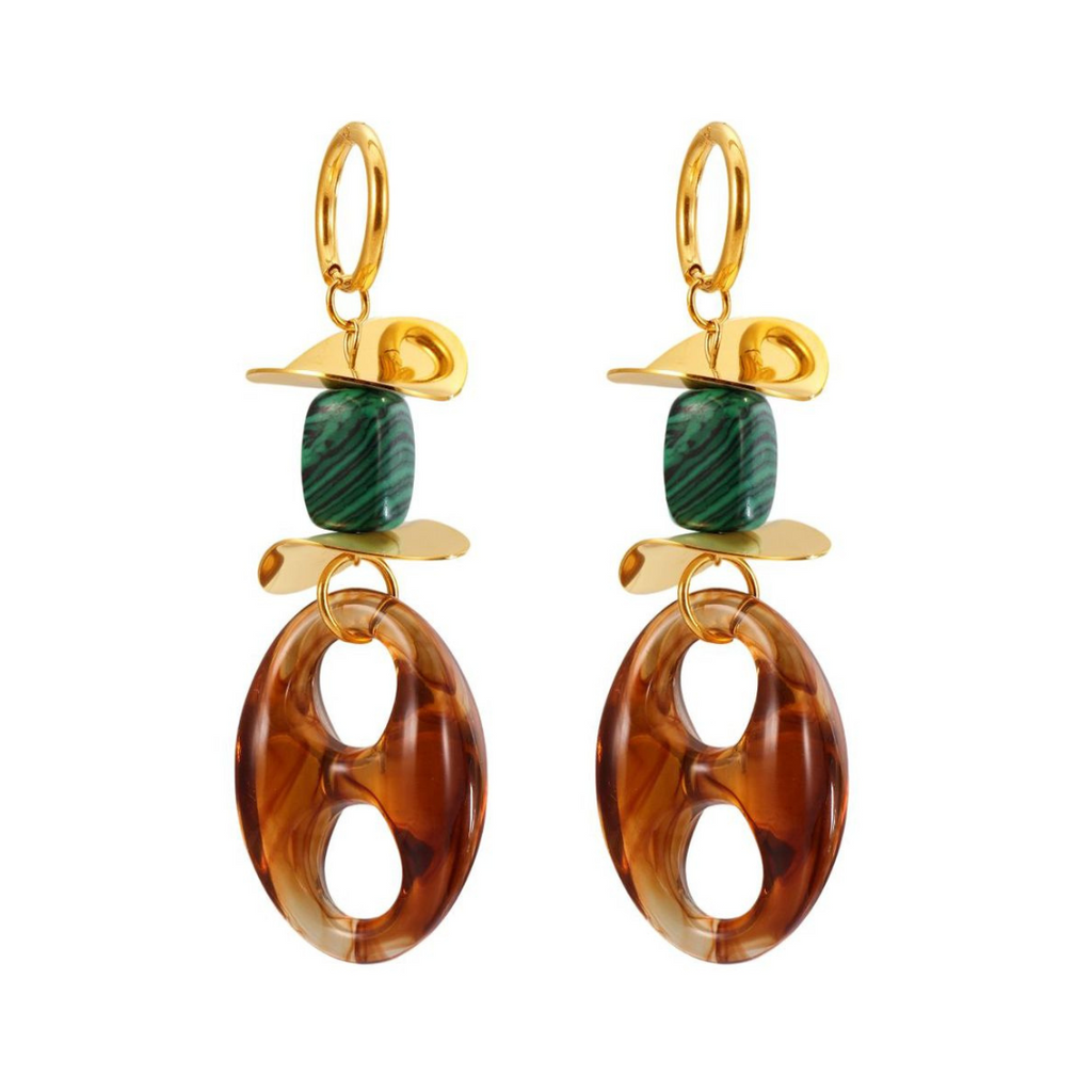 Turquoise Geometric Resin Earrings – Trendy Stainless Steel Chain Design for Women