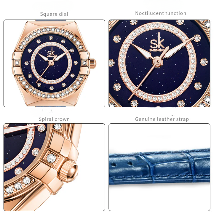 SK Women’s Diamond Quartz Watch – Starry Sky Dial, Leather & Milan Mesh Strap