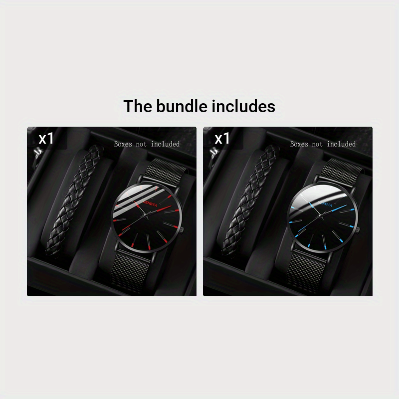 2-Piece Black Round Quartz Unisex Watch Set – PU Leather Strap & Bracelet