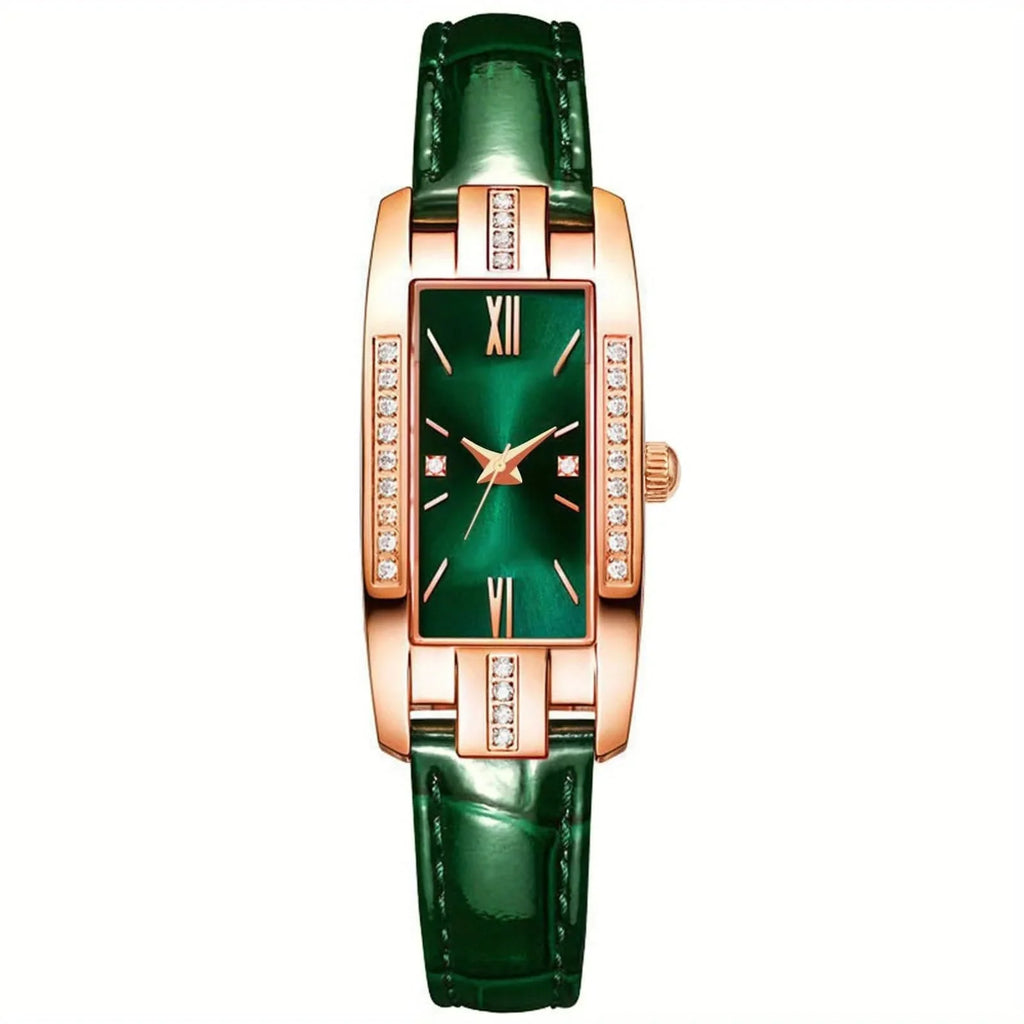 Lady’s Vintage Quartz Watch – Square Dial with Roman Numerals & Rhinestones (Red)