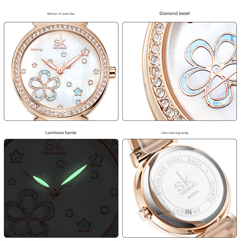 SK Women’s Diamond Quartz Watch – Stainless Steel Strap, Round Dial, 30M Waterproof