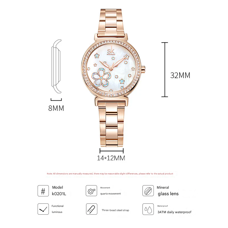 SK Women’s Diamond Quartz Watch – Stainless Steel Strap, Round Dial, 30M Waterproof