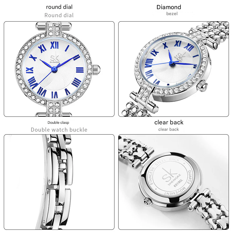 SK Women’s Quartz Watch – Diamond Accent Round Dial, Alloy Strap, Fashion Wristwatch