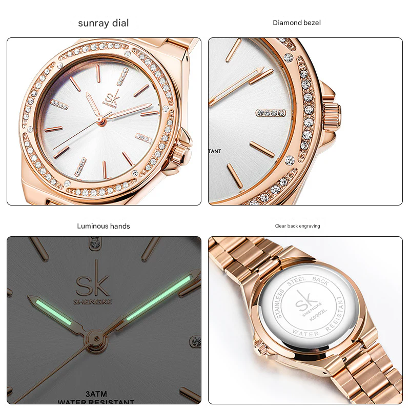 SK Women’s Diamond Quartz Watch – Stainless Steel Strap, Round Dial, 30M Waterproof