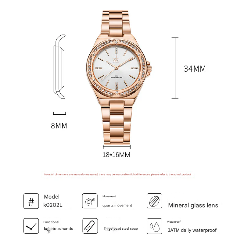 SK Women’s Diamond Quartz Watch – Stainless Steel Strap, Round Dial, 30M Waterproof