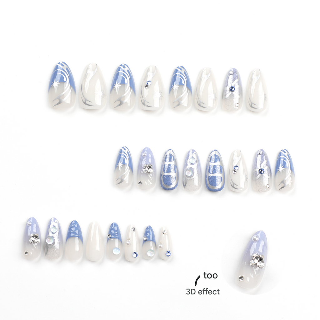 Icy Blue Press-On Nails – Long Almond Chrome with 3D Gems & Star Accents