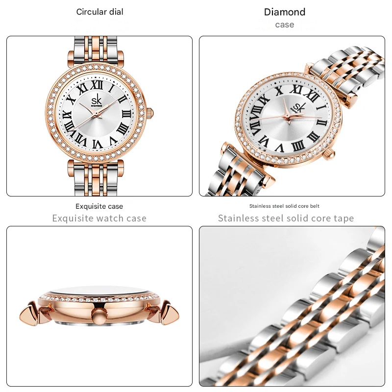 SK Women’s Quartz Watch – Diamond-Studded Dial, Waterproof Fashion Wristwatch