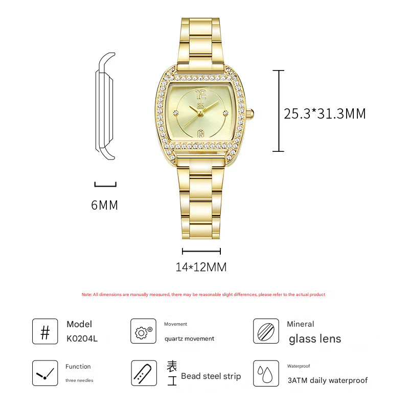 SK Women’s Square Quartz Watch – Stainless Steel Strap, Waterproof Fashion Wristwatch