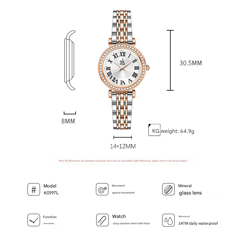 SK Women’s Quartz Watch – Diamond-Studded Dial, Waterproof Fashion Wristwatch
