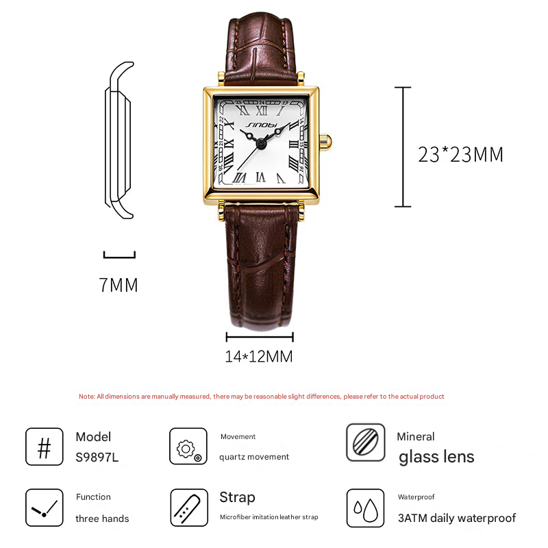 SK Women’s Square Quartz Watch – Classic Leather Strap, 30M Waterproof Fashion Watch