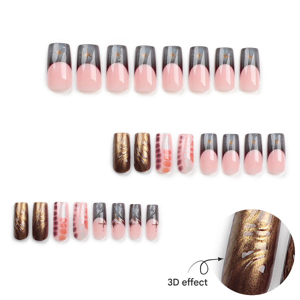 Chrome Starburst Gradient Press-On Nails – Long Coffin Shape, Metallic Swirl Design