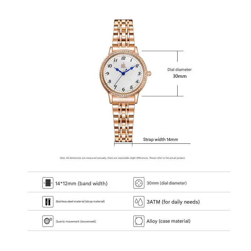 SK Women’s Quartz Watch – Small Diamond Dial, 30M Waterproof Fashion Wristwatch