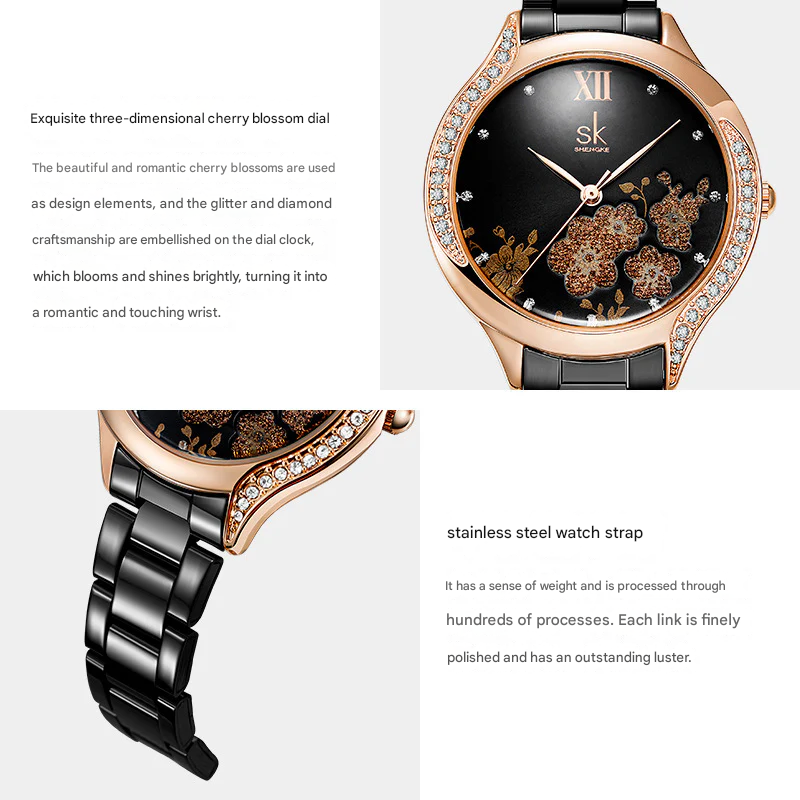 SK Women’s Diamond Quartz Watch – Cherry Blossom Dial, Waterproof Fashion Timepiece