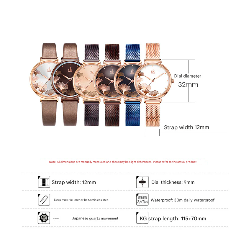 SK Women’s Quartz Watch – Ginkgo Leaf Dial, Steel Mesh & Leather Strap, 30M Waterproof