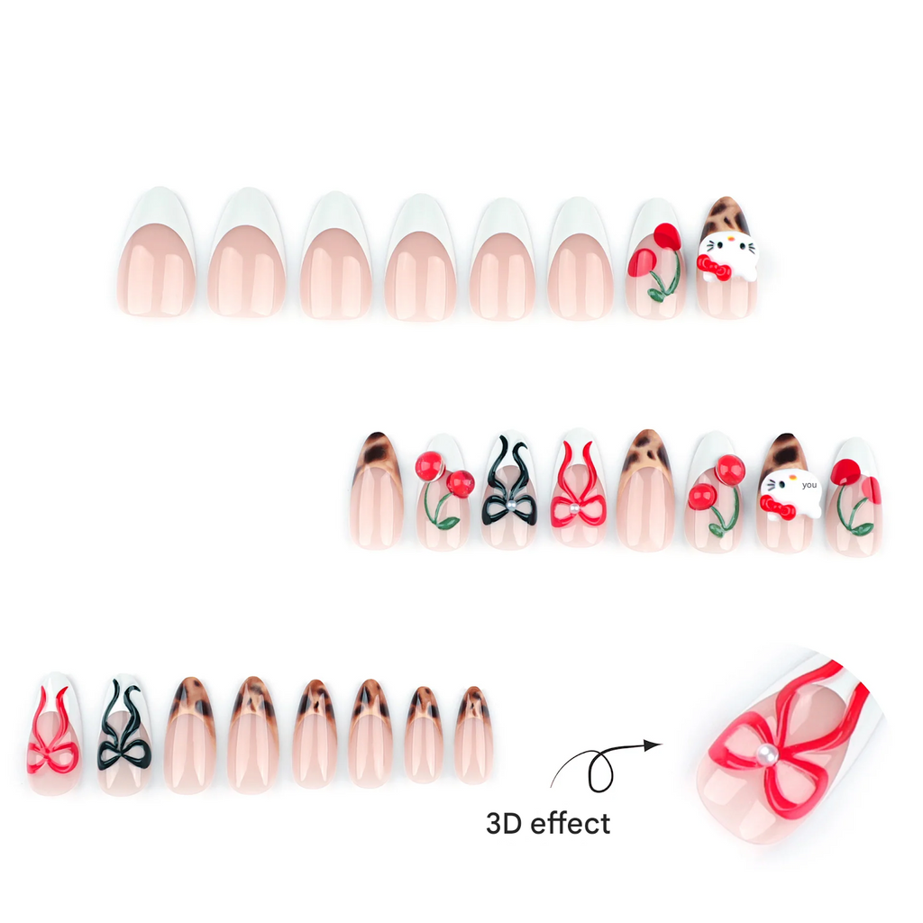 3D Hello Kitty Press-On Nails – Almond Shape with Cherry & Bow Design