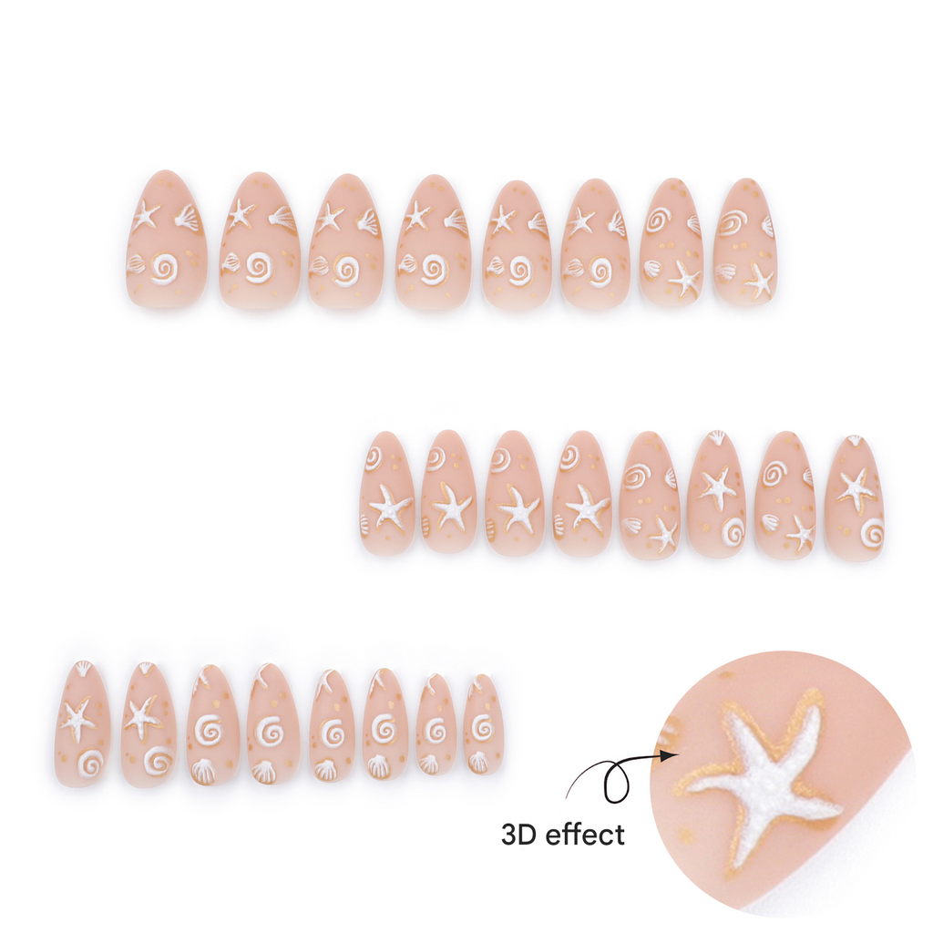 Elegant Nude Seashell Press-On Nails | 3D Embossed Almond Glue-On Nail Art