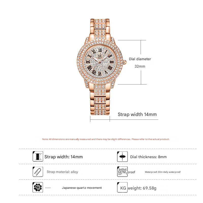 SK Women’s Luxury Quartz Watch – Diamond Accent, 30M Waterproof Business Style