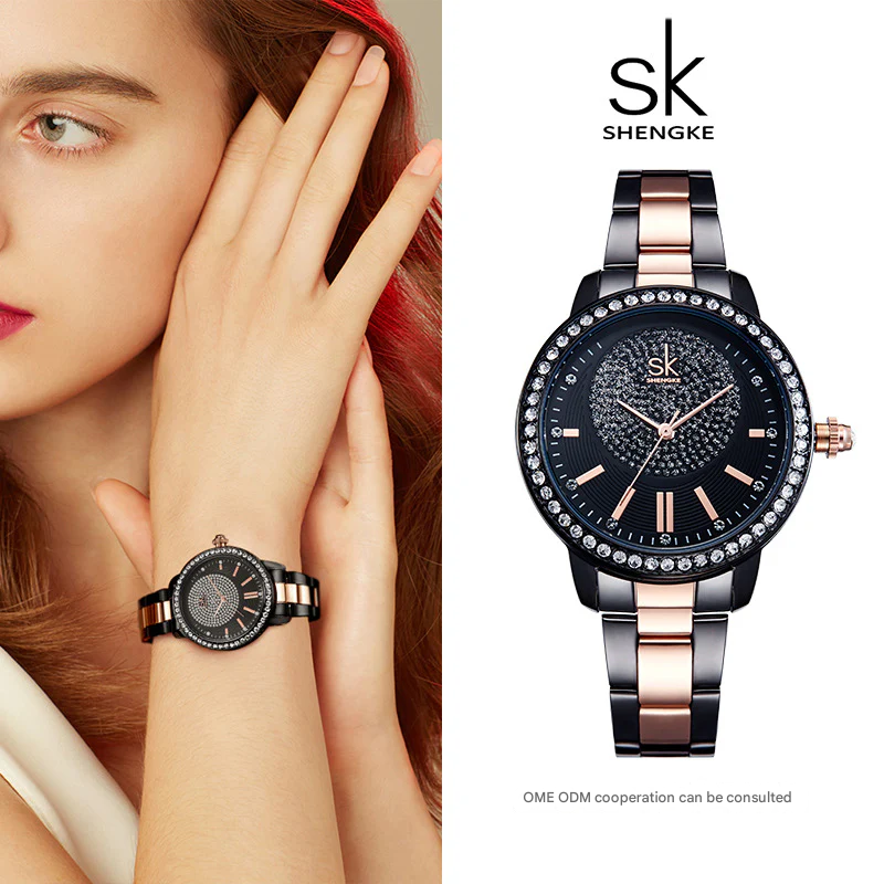 SK Luxury Women’s Quartz Watch – Diamond Accent Steel Strap Waterproof Wristwatch