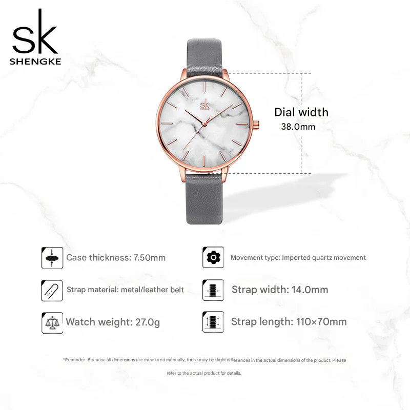SK Women’s Quartz Watch – Marble Pattern Dial, Thin Strap, 30M Waterproof