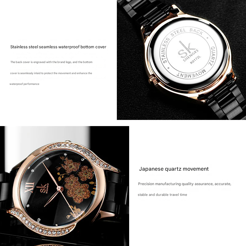 SK Women’s Diamond Quartz Watch – Cherry Blossom Dial, Waterproof Fashion Timepiece