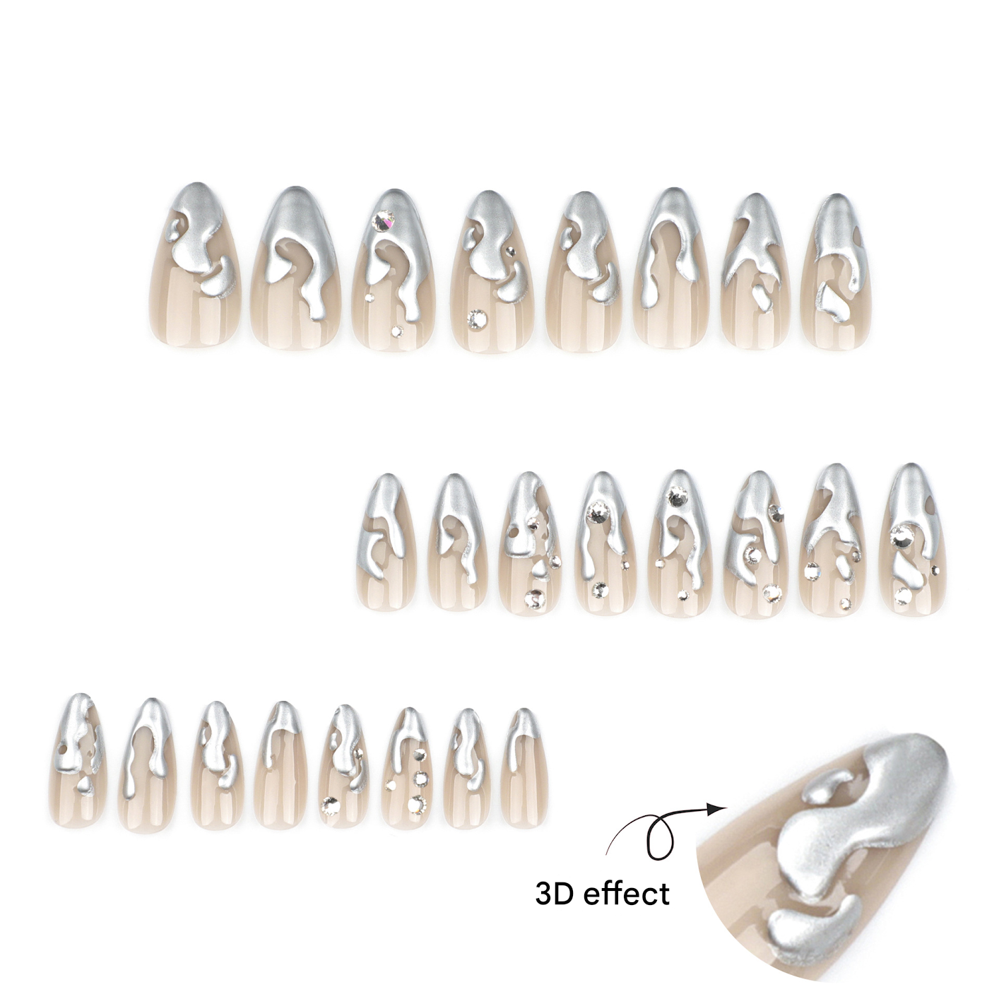Chrome Almond Press-On Nails with 3D Silver Rhinestones – Long Glue-On Nail Art