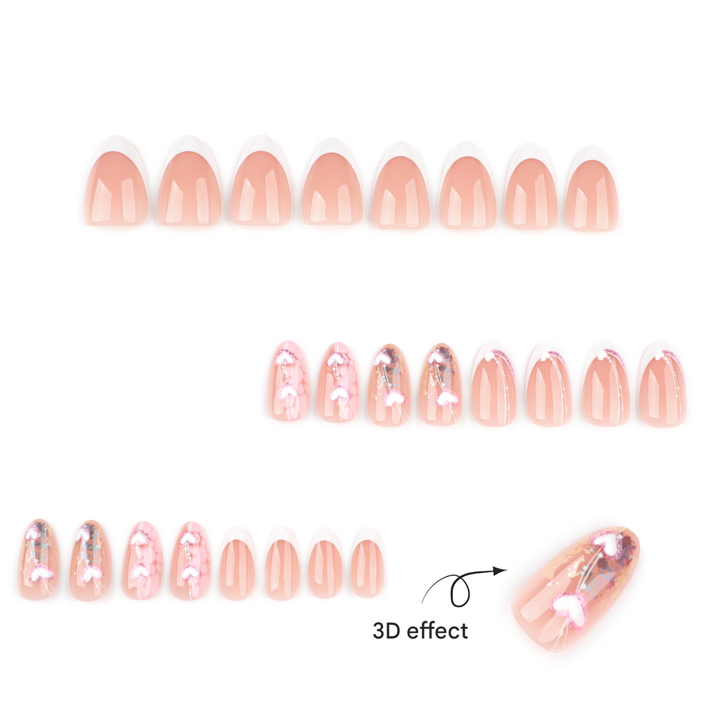 Romantic Oval Press-On Nails – French Tip & 3D Heart Design, Glossy Finish