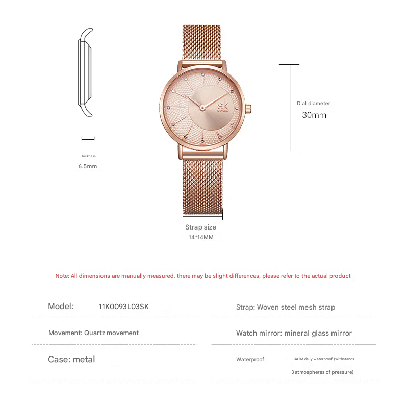 SK Women’s Quartz Watch – Diamond Dial Stainless Steel Mesh Fashion Timepiece