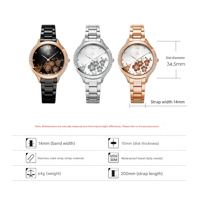 SK Women’s Diamond Quartz Watch – Cherry Blossom Dial, Waterproof Fashion Timepiece