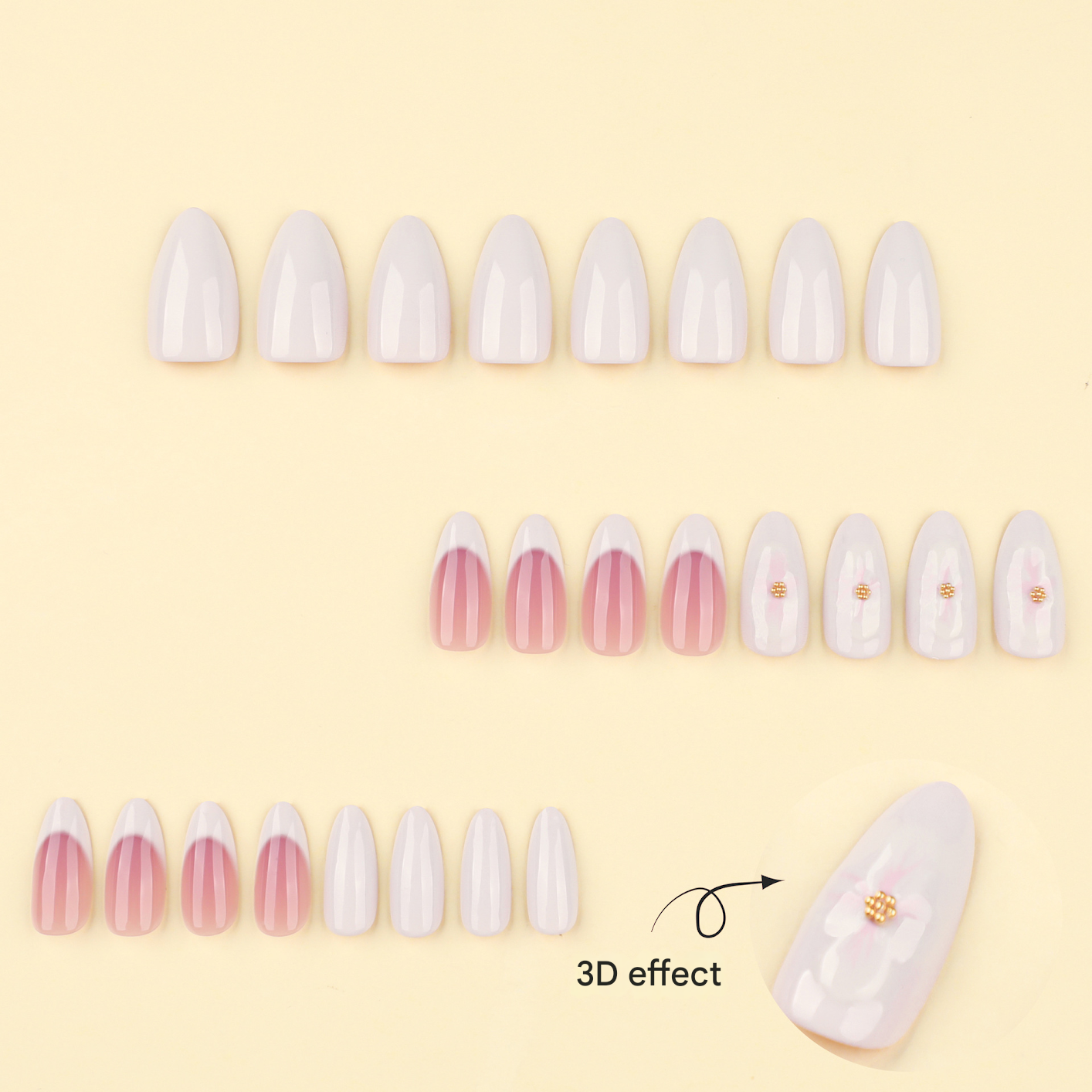 Elegant French Tip Press-On Nails – 3D Floral Almond Shape, Long Glossy Nude Pink