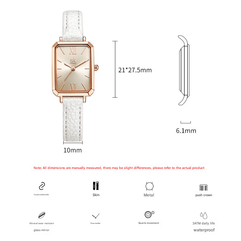 SK Women’s Quartz Watch – Square Dial, Leather Strap, 30M Waterproof Fashion Wristwatch