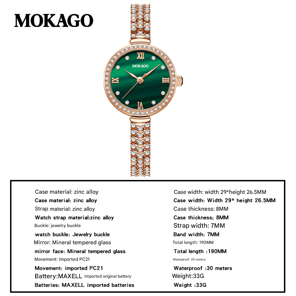 MOKAGO Women’s Quartz Watch – Diamond Dial, Luxury Zinc Alloy Bracelet