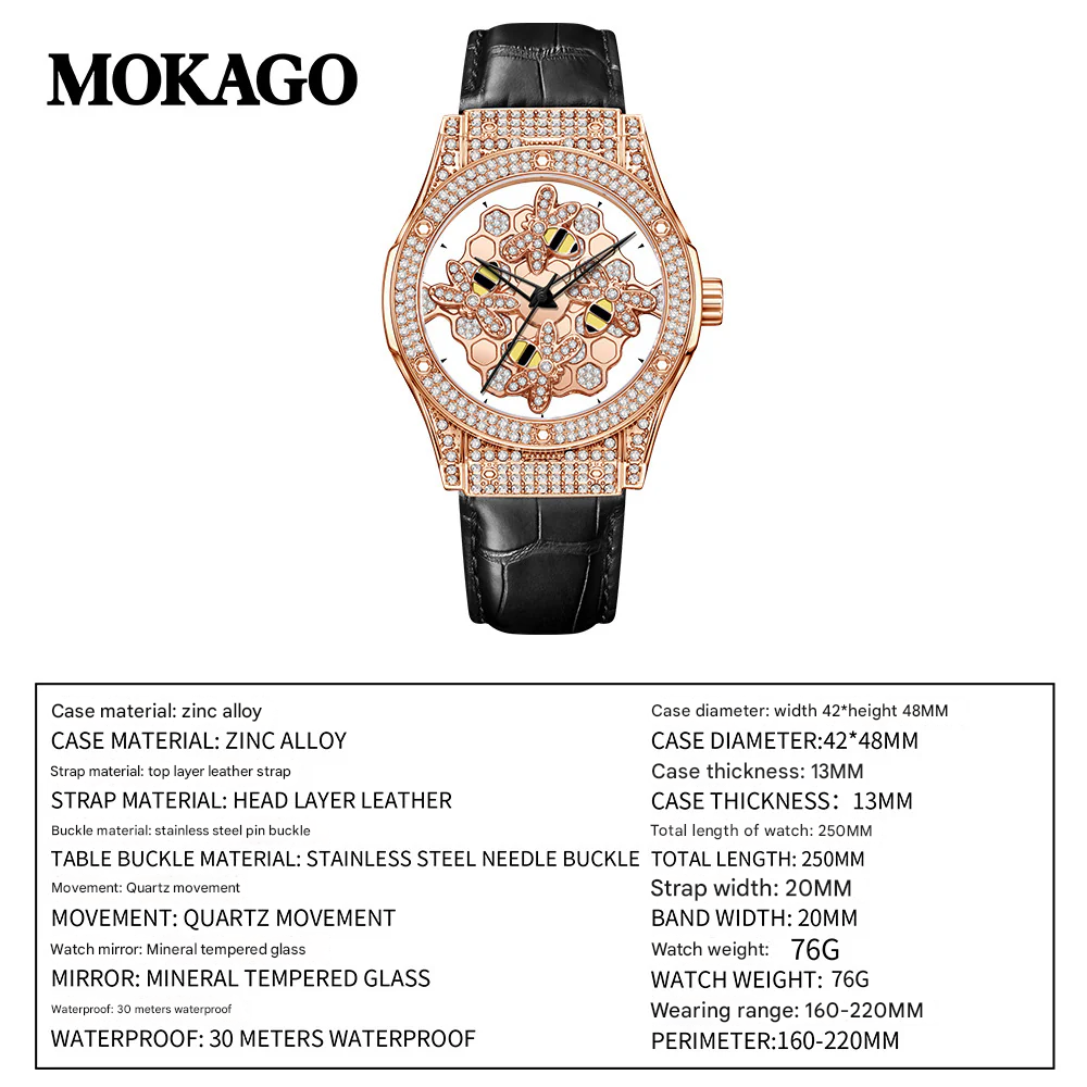 MOKAGO Women’s Quartz Watch – Diamond Hollow Dial, Leather Strap, Waterproof Timepiece