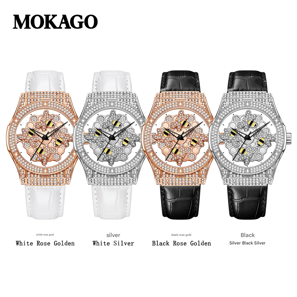 MOKAGO Women’s Quartz Watch – Diamond Hollow Dial, Leather Strap, Waterproof Timepiece