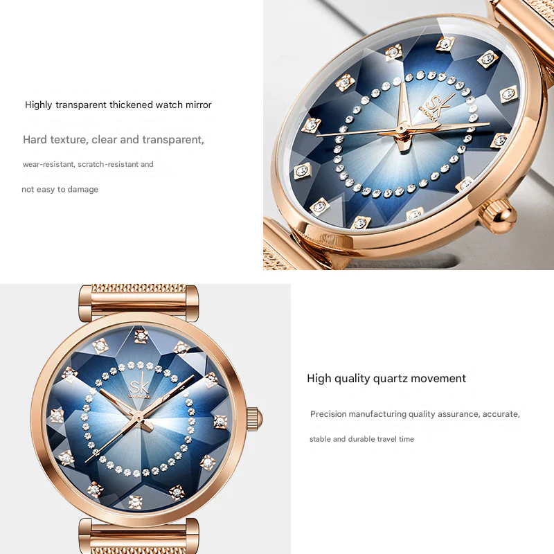SK Women’s Quartz Watch – Round Dial, Stainless Steel Mesh Strap, Waterproof Fashion Wristwatch