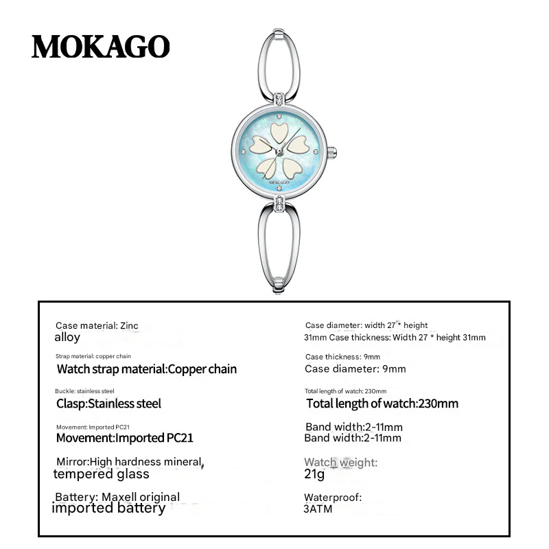 MOKAGO Women’s Quartz Watch – Sakura Petal Dial, Diamond Accent, Waterproof Bracelet