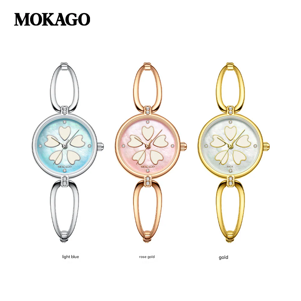 MOKAGO Women’s Quartz Watch – Sakura Petal Dial, Diamond Accent, Waterproof Bracelet
