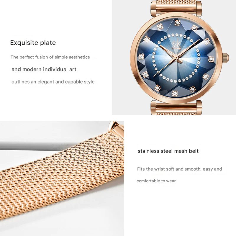 SK Women’s Quartz Watch – Round Dial, Stainless Steel Mesh Strap, Waterproof Fashion Wristwatch