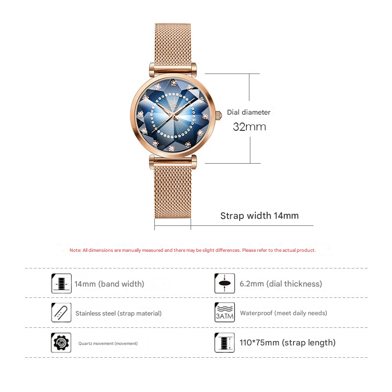 SK Women’s Quartz Watch – Round Dial, Stainless Steel Mesh Strap, Waterproof Fashion Wristwatch